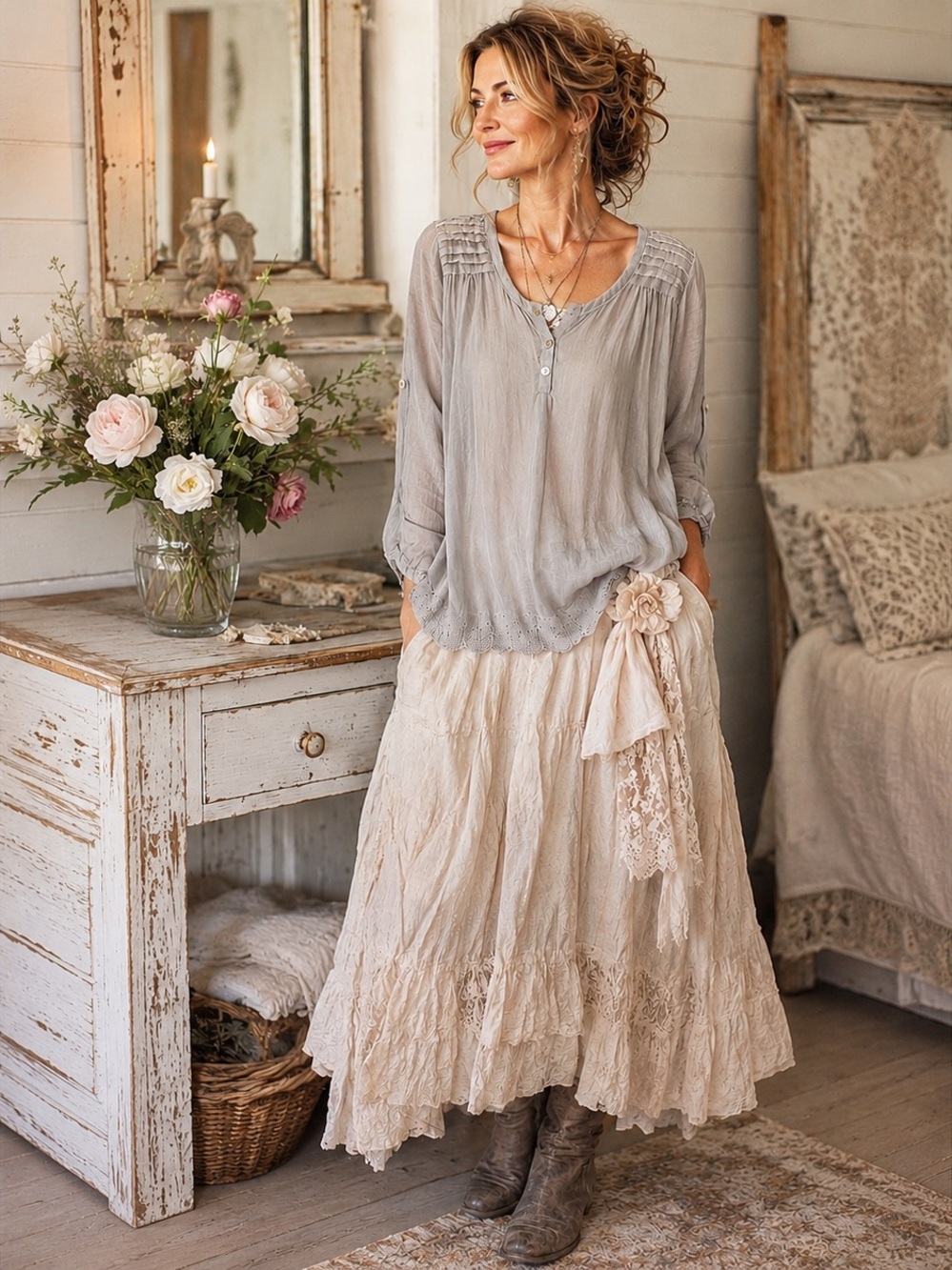 Made in Italy Silk Blend Romantic Boho Blouse Oversized Cottage Chic Top